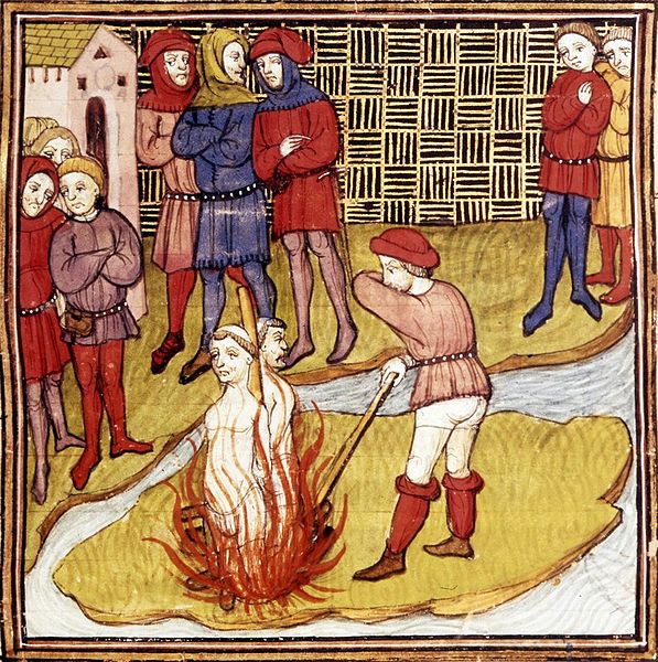 Jacques de Molay e Geoffrey de Charnay vengono arsi vivi in un'illustrazione della fine del XIV secolo.
